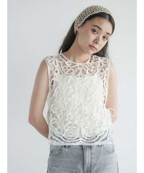 ベスト ジレ Side ribbon chemical lace vest レディース