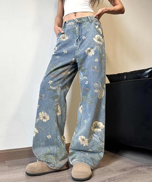 DIAVEL ジーンズ デニム デニムパンツ ヴィンテージフラワー柄ワイド