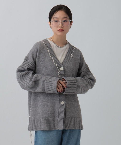 o♡様 カーディガン ライトグレー LEPSIM（レプシィム） カーディガン 5ゲージハンドステッチV