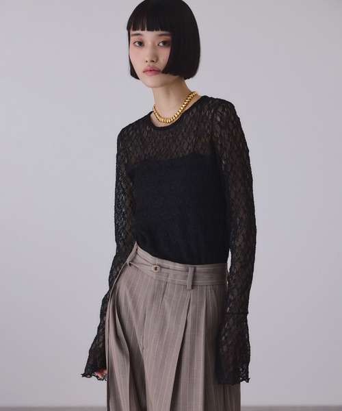レース フレアスリーブ トップス 黒 ADAM ET ROPE'（アダムエロペ） tシャツ フレアスリーブレーストップス