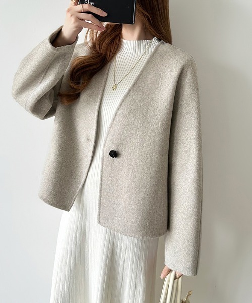 COCOMOMO ノーカラーコート コート ウール混ノーカラーショートコート