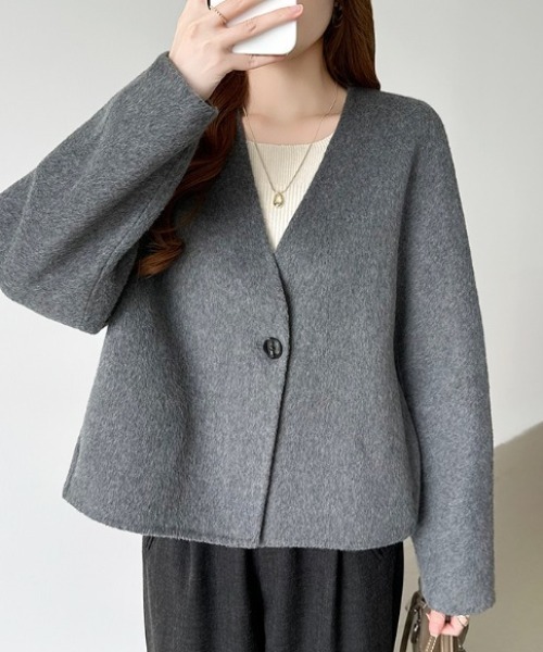 COCOMOMO ノーカラーコート コート ウール混ノーカラーショートコート