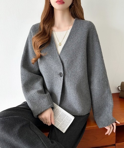 COCOMOMO ノーカラーコート コート ウール混ノーカラーショートコート