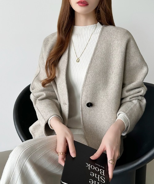 COCOMOMO ノーカラーコート コート ウール混ノーカラーショートコート