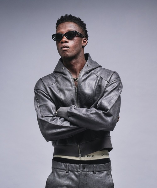 breath コーティング ジップ パーカー ANDER HUNK パーカー Leather Like Coated Zip-up Parker / レザー