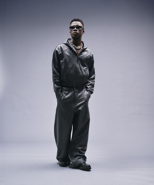 レザーパーカー　archive ボアデザイン　ジップアップパーカー　ダークコア ANDER HUNK パーカー Leather Like Coated Zip-up Parker / レザー