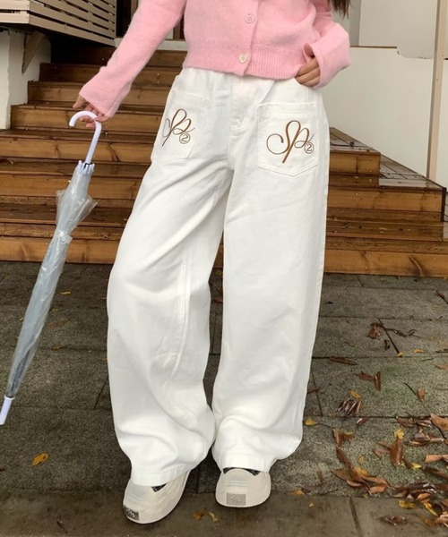 美品45Rホワイトワイドデニム　着画有り lilful ワイドパンツ ジーンズ デニム デニムパンツ フロント