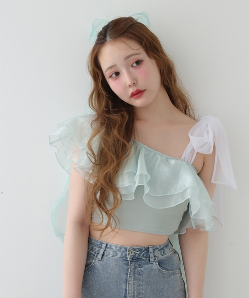 水着 swimwear/肩リボンワンショルダー/3点セット レディースの画像
