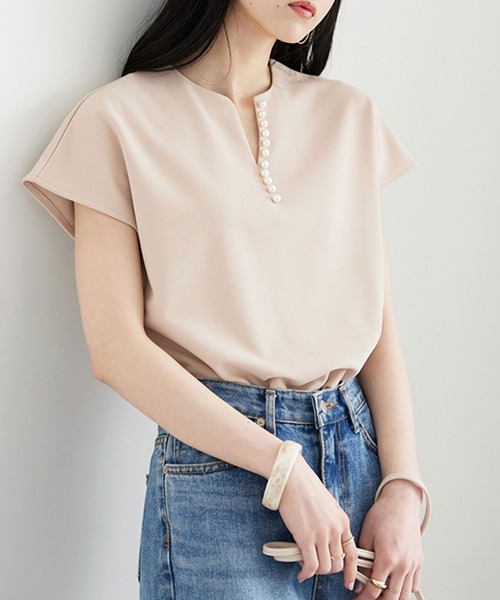 tシャツ キーネックベストTシャツ レディース キーネック tシャツ レディース トップス 半袖 綿100% 体形
