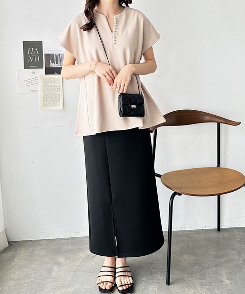 tシャツ キーネックベストTシャツ レディース キーネック tシャツ レディース トップス 半袖 綿100% 体形