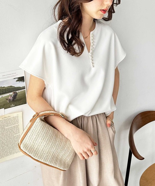 tシャツ キーネックベストTシャツ レディース キーネック tシャツ レディース トップス 半袖 綿100% 体形