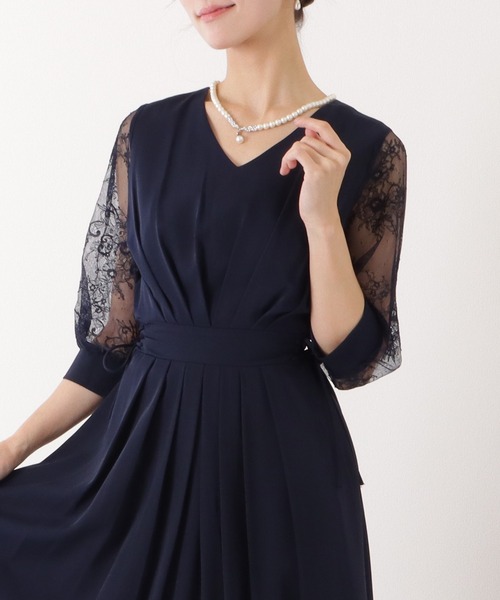 Kay Me レースワンピース リボン Vネック 花柄 日本製 S ネイビー Lace Ladies（レースレディース） ドレス 花柄 レース サイド リボン V