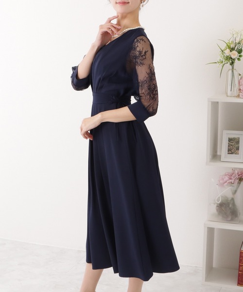 Kay Me レースワンピース リボン Vネック 花柄 日本製 S ネイビー Lace Ladies（レースレディース） ドレス 花柄 レース サイド リボン V