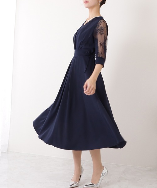 Kay Me レースワンピース リボン Vネック 花柄 日本製 S ネイビー Lace Ladies（レースレディース） ドレス 花柄 レース サイド リボン V