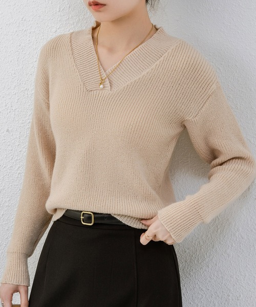 BLANC FICELLE ニット セーター 畔編み ニット 合わせ襟 Vネック