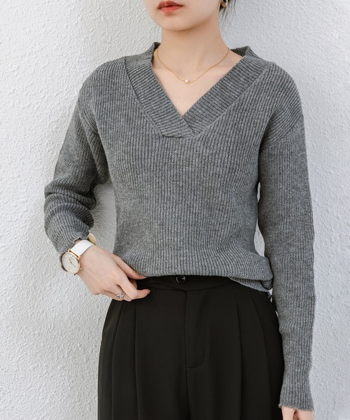 BLANC FICELLE ニット セーター 畔編み 合わせ襟 Vネック