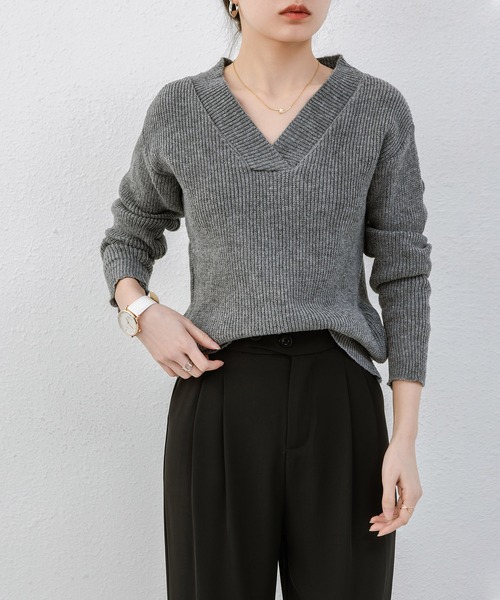 BLANC FICELLE ニット セーター 畔編み 合わせ襟 Vネック レディース