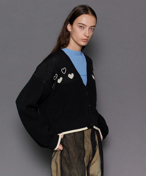 カーディガン Heart Jacquard Short Length Knit Cardigan/ハートジャガードショートニットカーディガン「MAIS