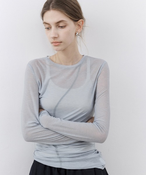 tシャツ 「tageechita」ステッチ入り アシンメトリーヘム シアーニットTシャツ レディース メンズ