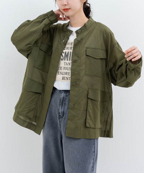 カシミア混　コートジャケット　カーキ　ブルゾン　ウール　ビンテージ感　ミリタリー ブルゾン アウター 「refinedworks」ナチュラル な 透け感 の