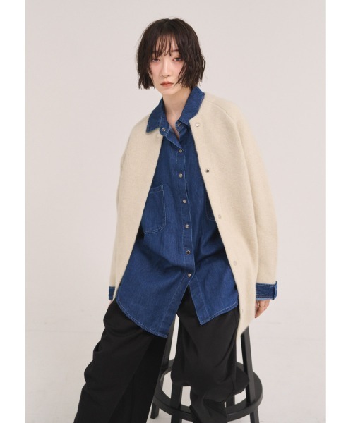 極美品！ヤマダヤ　Age+ ブルー コクーンコート ノーカラーコート コート ラクーンミックスコート レディース