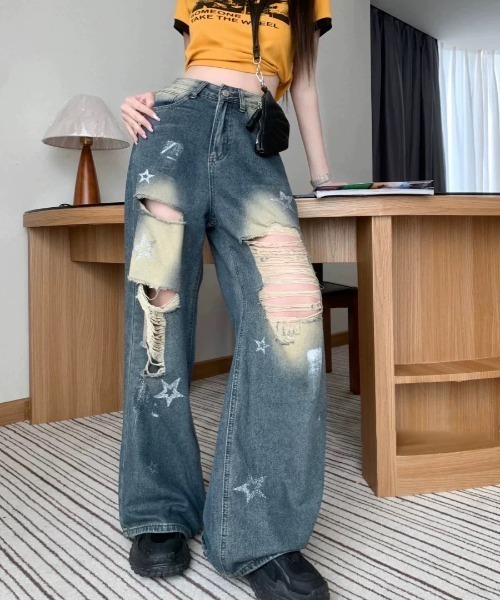 ストリートダメージ加工ストーム柄いなずまGパンデニムパンツ Sibra ジーンズ デニム デニムパンツ 星柄×クラッシュ加工が視線