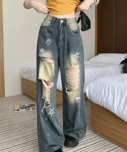 ストリートダメージ加工クラッシワイドパンツGパンおしゃれ Sibra ジーンズ デニム デニムパンツ 星柄×クラッシュ加工が視線