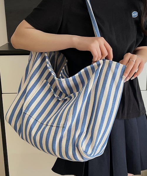 アイボリー ストライプ トートバッグ IRADOWL トートバッグ カラフル刺繍ストライプ柄トートバッグ