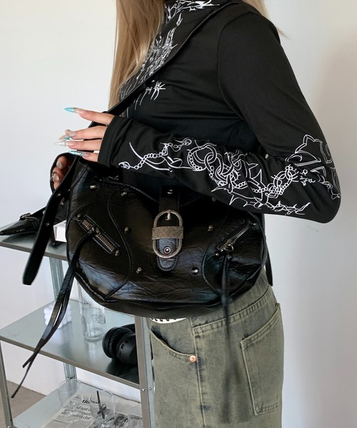 y2k レザー　バッグ　スタッズ　leatherbag lilful ショルダーバッグ バッグ 「25年秋冬新作」Y2K スタッズ付き