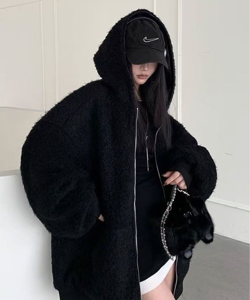 最高級⭐️ ムートンコート　羊革　フード付き　くるみボタン　XLサイズ相当 黒 AsheKsha ムートンコート ボアコート 「新作」裏地付き両面着用可能な