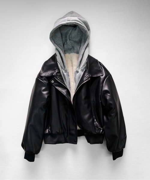 ブラックレザージャケット ファー付きフード f1b13.jpg