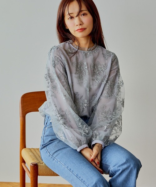 mysty woman（ミスティウーマン） ブラウス シャツ フローラルラメ刺繍
