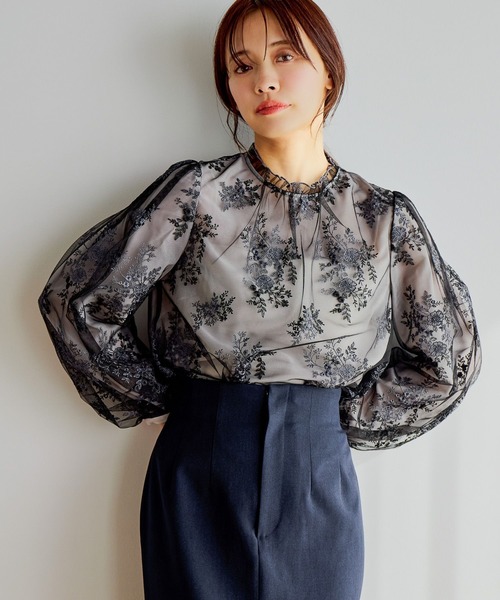 mysty woman（ミスティウーマン） ブラウス シャツ フローラルラメ刺繍