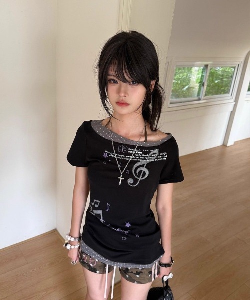 tシャツ 半袖 Y2K 衿＆裾ドット柄配色 オフショルダー Tシャツ