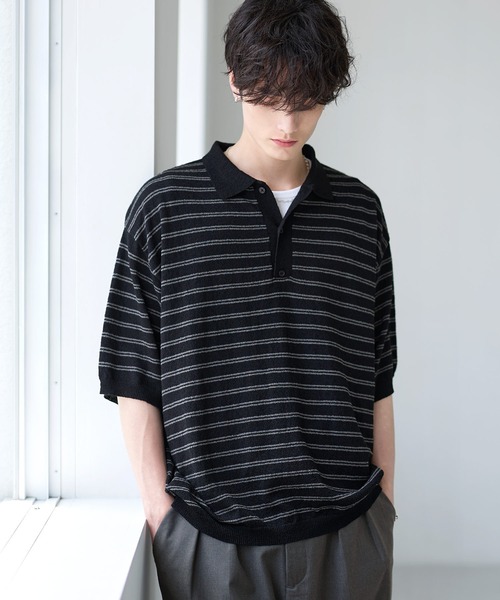 Blu Bre ボーダー ニットポロシャツ ポロシャツ ブークレボーダーサマーニットポロシャツ メンズ