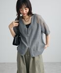 カーディガン 半袖 メッシュ5分袖ZIPカーデ...の詳細画像1