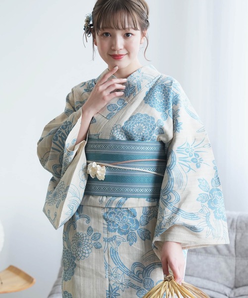 浴衣 手染め注染浴衣3点セット utatane×注染工房 水色の牡丹と菊 レディース