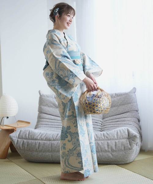 浴衣 手染め注染浴衣3点セット utatane×注染工房 水色の牡丹と菊 レディース_3