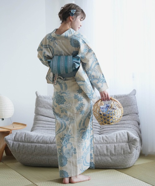 浴衣 手染め注染浴衣3点セット utatane×注染工房 水色の牡丹と菊 レディース_4