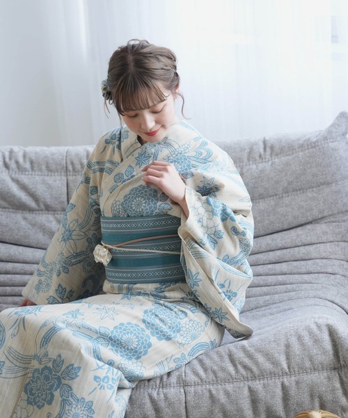 浴衣 手染め注染浴衣3点セット utatane×注染工房 水色の牡丹と菊 レディース_5