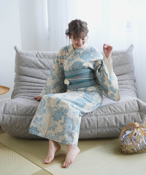 浴衣 手染め注染浴衣3点セット utatane×注染工房 水色の牡丹と菊 レディース_6