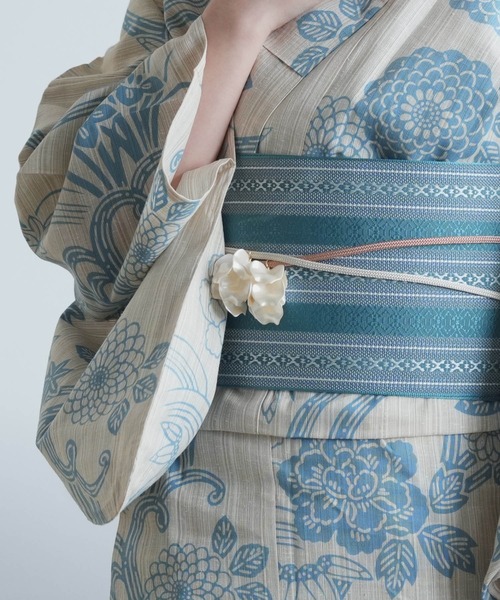 浴衣 手染め注染浴衣3点セット utatane×注染工房 水色の牡丹と菊 レディース_8