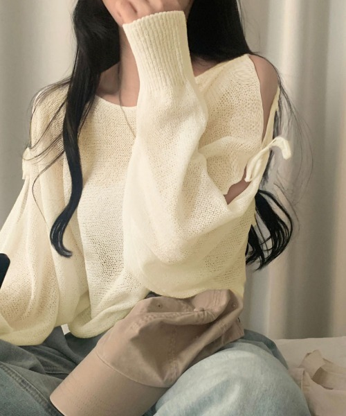 Dries Van Noten★クォータージップ ポロセーター 袖裾リブ ニット セーター リボンオープンショルダー透かし編みクロップド