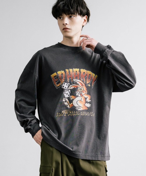 Ed Hardy（エド・ハーディー） tシャツ ピグメント加工 長袖プリントT