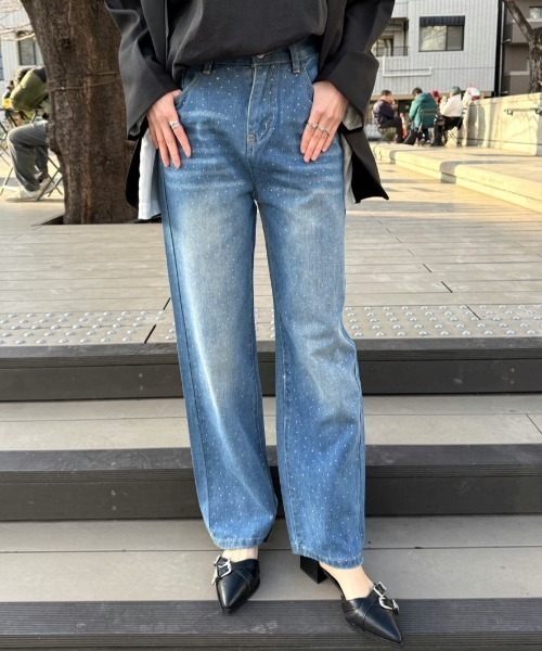 ジーンズ デニム デニムパンツ ラインストーン付きヴィンテージルーズ