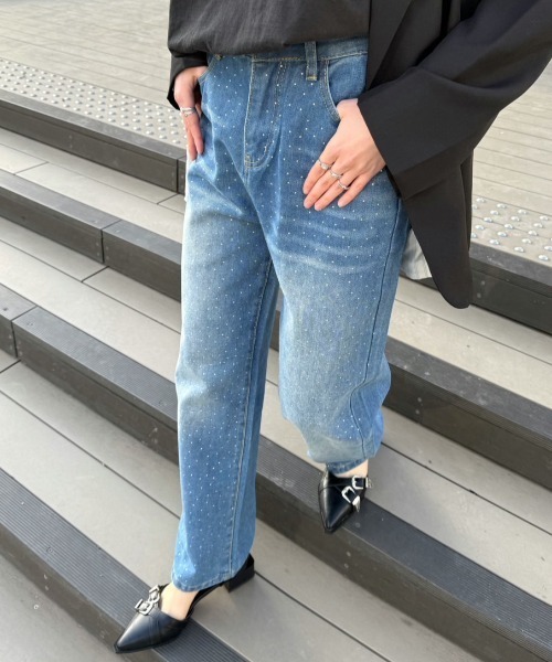 ジーンズ デニム デニムパンツ ラインストーン付きヴィンテージルーズ