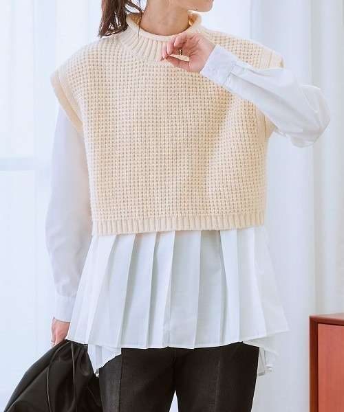 新品❣️ミドル丈ニットベスト ニッセン（nissen） ニット セーター ワッフル編ショート丈ニット