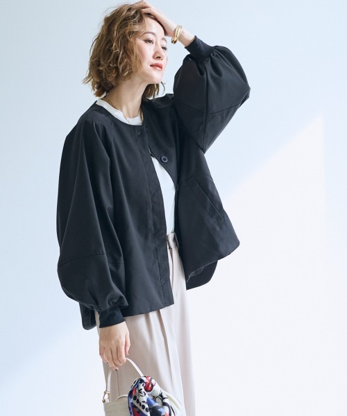 未使用✨大きいサイズ44　23区　リネン混　ノーカラージャケット　カラーレス セットアップ可能】リネンライクキャンバス カラーレスジャケット