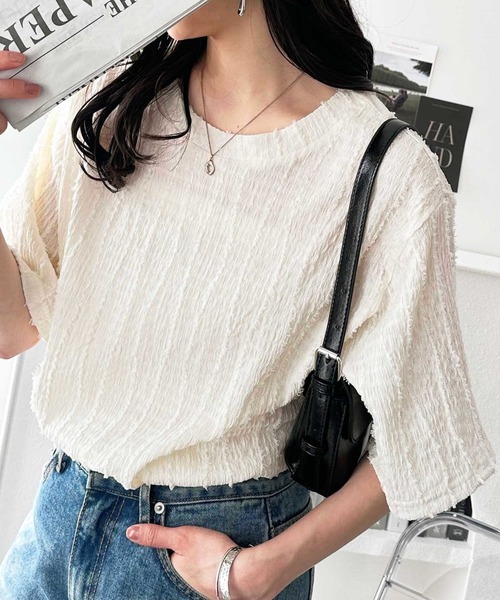 GeeRA tシャツ ジャガードフリンジ半袖カットソーTシャツ
