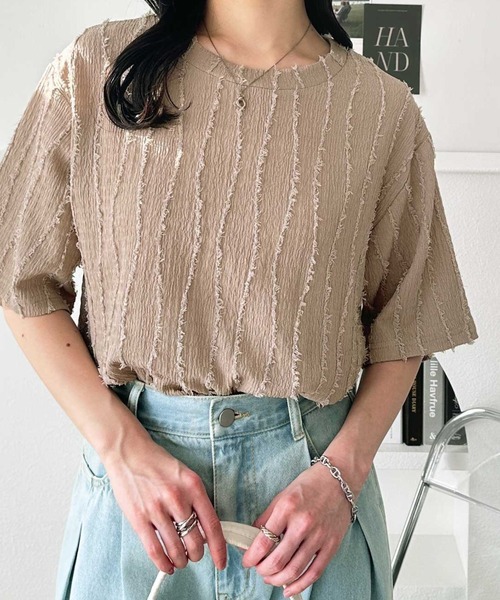 GeeRA tシャツ ジャガードフリンジ五分袖カットソーTシャツ